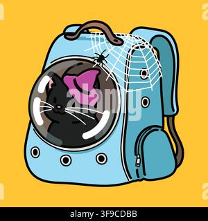 Simple and adorable Halloween illustration of Black Cat in a blue backpack outlined Stock Vector