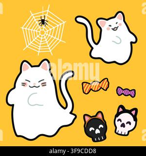 Simple and adorable Halloween illustrations of Ghost Cats Stock Vector