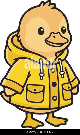 Cute Baby Duckling Wearing Yellow Hooded Raincoat Rainy Day Autumn Spring Vector Illustration Graphic Clip Art Stock Vector