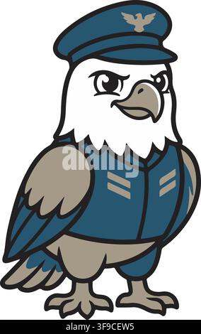 Cute Bald Eagle Pilot Wearing Blue Uniform Hat Aviator Aircraft Captain Bird Vector Illustration Graphic Clip Art Stock Vector