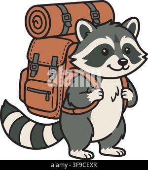 Cute Raccoon Carrying Large Camping Backpack Hiker Outdoor Adventure Woodland Animal Vector Illustration Graphic Clip Art Stock Vector