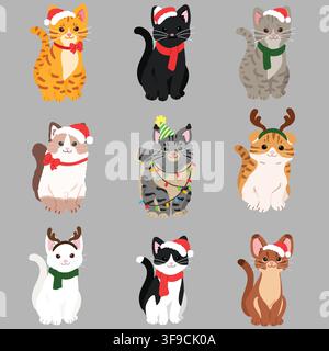 Simple and adorable cats sitting in front view set flat colored Christmas version Stock Vector