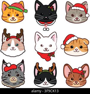 Simple and adorable cats front faces set Christmas version Stock Vector