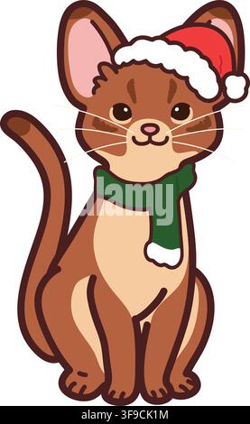Simple and adorable Christmas illustration of Abyssinian cat sitting Stock Vector
