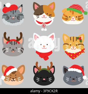 Flat colored adorable and simple cat heads set Christmas version Stock Vector