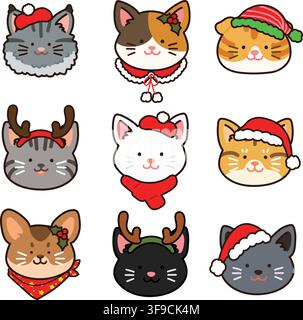 Outlined adorable and simple cat heads set Christmas version Stock Vector