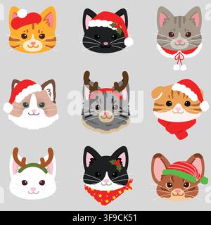 Simple and adorable cats front faces set flat colored Christmas version Stock Vector