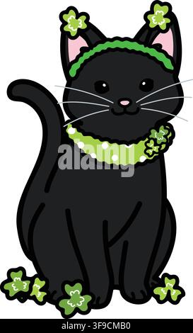 Simple and adorable Saint Patrick's Day illustration of black cat sitting in front view Stock Vector