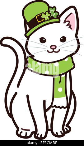 Simple and adorable Saint Patrick's Day illustration of white cat sitting in front view Stock Vector