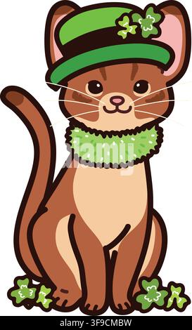 Simple and adorable Saint Patrick's Day illustration of Abyssinian cat sitting in front view Stock Vector
