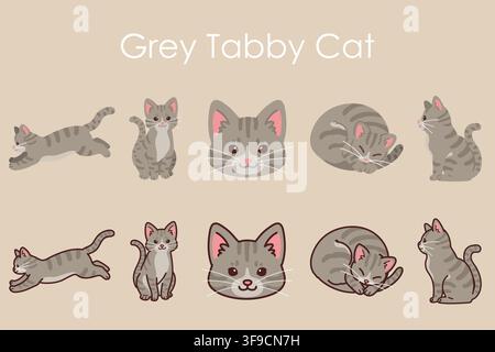 Simple and adorable Grey Tabby Cat illustrations set Stock Vector