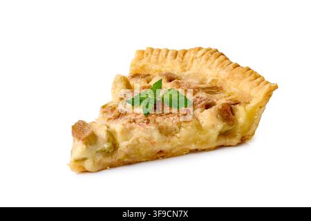 Homemade rhubarb tart slice with flaky golden crust, pale pink filling, fresh mint garnish, and clean white background, styled for bakery, dessert Stock Photo