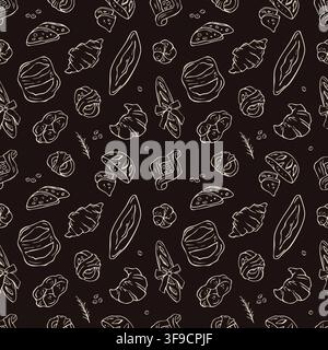 Hand drawn artisan bread seamless pattern on dark background vector chalk doodle illustration Stock Vector