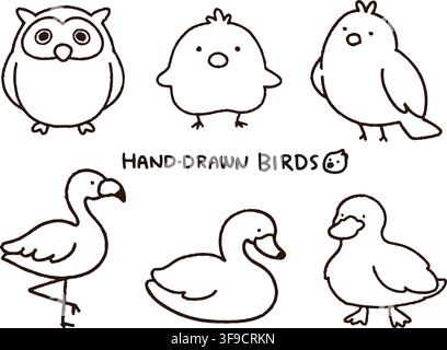Hand-drawn adorable simple birds set Stock Vector