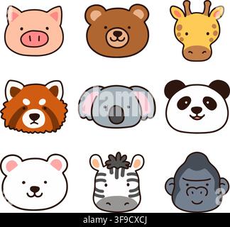 Set of outlined cute and simple animal faces A Stock Vector