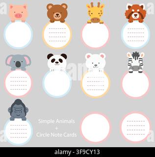 Set of flat colored cute and simple animals holding a circle note cards Stock Vector
