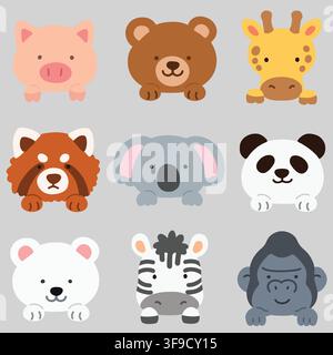 Set of flat colored cute and simple animal faces with front paws and hands / legs Stock Vector