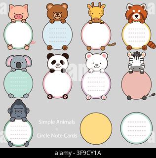 Set of outlined cute and simple animals holding a circle note cards with hind legs Stock Vector