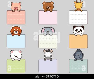 Set of outlined cute and simple animals holding a rectangle note cards Stock Vector