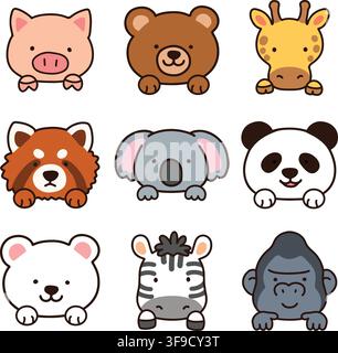 Set of outlined cute and simple animal faces with front paws and hands / legs Stock Vector