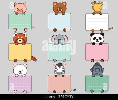 Set of outlined cute and simple animals holding a rectangle note cards with hind legs Stock Vector