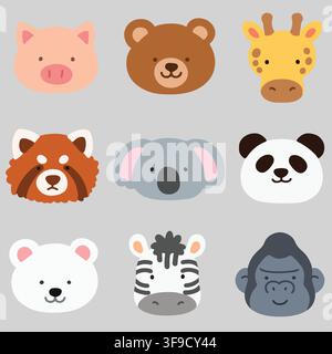 Set of flat colored cute and simple animal faces Stock Vector