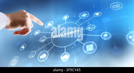 Javascript programming language interface for software and web application development with interactive hand input Stock Photo