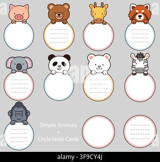 Set of outlined cute and simple animals holding a circle note cards Stock Vector