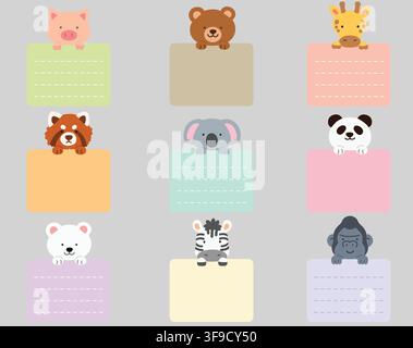 Set of flat colored cute and simple animals holding a rectangle note cards Stock Vector