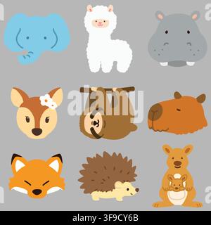 Set of flat colored cute and simple animal faces illustrations Stock Vector