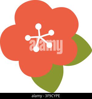 Flat colored illustration of simple plum blossom with leaves Stock Vector
