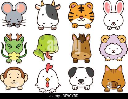Cute outlined Chinese Zodiac Animals with front paws Stock Vector