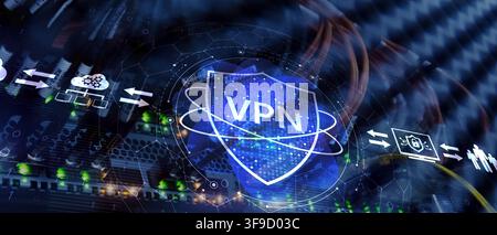 VPN virtual private network system for internet security and privacy protection with shield and lock symbols Stock Photo