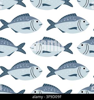 Cute Blue Dorado Fish Seamless Pattern Stock Vector