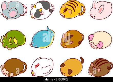 Set of cute and round simple zodiac animals outlined Stock Vector