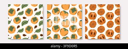 Persimmon Fruit Seamless Pattern Collection Stock Vector