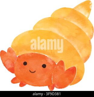 Cute Hermit Crab watercolor illustration, all hand drawn. Stock Vector