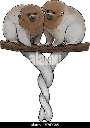 Cute illustration of Bolivian Gray Titi Monkeys on a tree branch Stock Vector