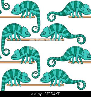 Seamless pattern with color illustration of chameleon sitting on stick. Vector background. Stock Vector