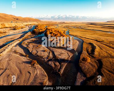 Winding Riger Aerial view of winding dry river channels carved across textured desert ...