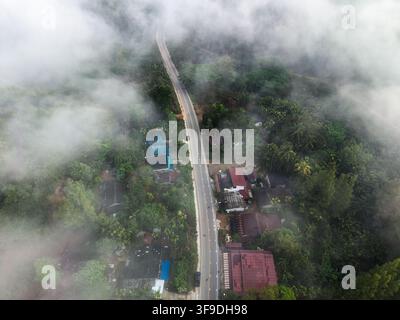 Aerial view of a rural village surrounded by lush green fields and ...