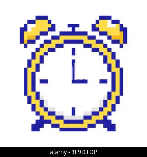 Pixel Art Yellow Alarm Clock Isolated on White Background. Vector illustration Stock Vector