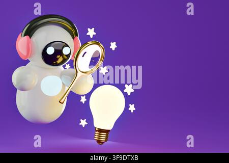 3D AI idea generation concept, cute glossy plastic robot looking through magnifying glass at glowing light bulb, smart search background with copyspac Stock Photo