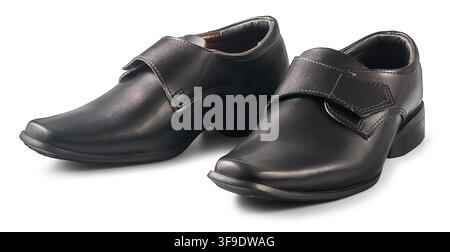 pair of black leather shoes isolated white background, formal dress footwear with velcro strap closure, shiny polished surface Stock Photo