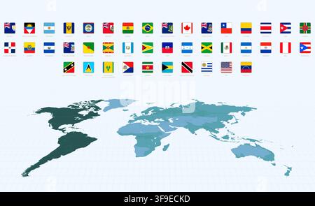 Set of Square Flags of American Countries, Alphabetically Sorted. Square Flag Icons Collection. Stock Vector