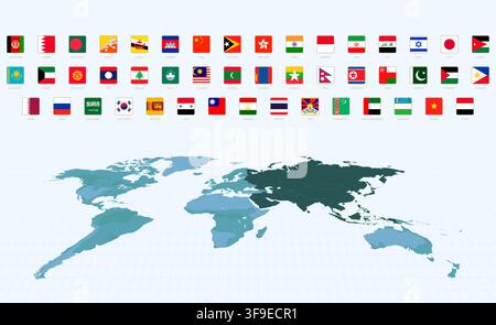 Set of Square Flags of Asian Countries, Alphabetically Sorted. Square Flag Icons Collection. Stock Vector