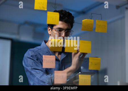 Indian male professional attaches a sticky note to a glass board while coworkers collaborate in the background during a brainstorming meeting in an Stock Photo