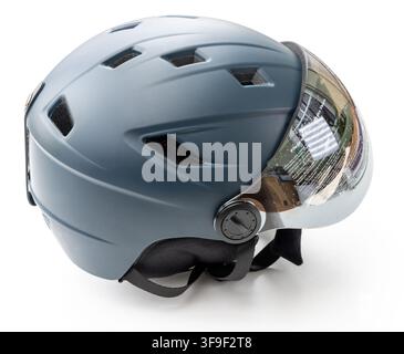 A greyblue multisport helmet with visor sits on white background Stock Photo