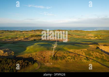 Aerial view of Ghost Tree at Bandon Dunes Golf Resort with fairways and Pacific Ocean in Bandon, Oregon, United States. Stock Photo