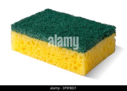 Dual-sided household cleaning sponge. Featuring a soft yellow absorbent side and a heavy-duty green abrasive scouring pad layer, isolated on  whitewit Stock Photo